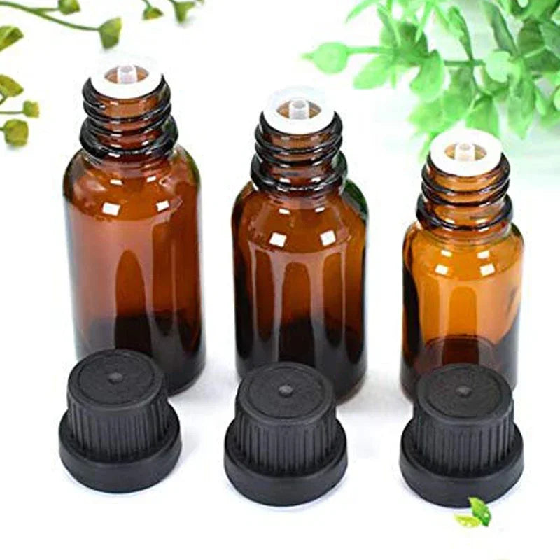 36Pcs 5ml-30ml Amber Refillable Essential Oil Bottles Portable Travel Glass Containers Orifice Reducer Dropper Perfume Dispenser