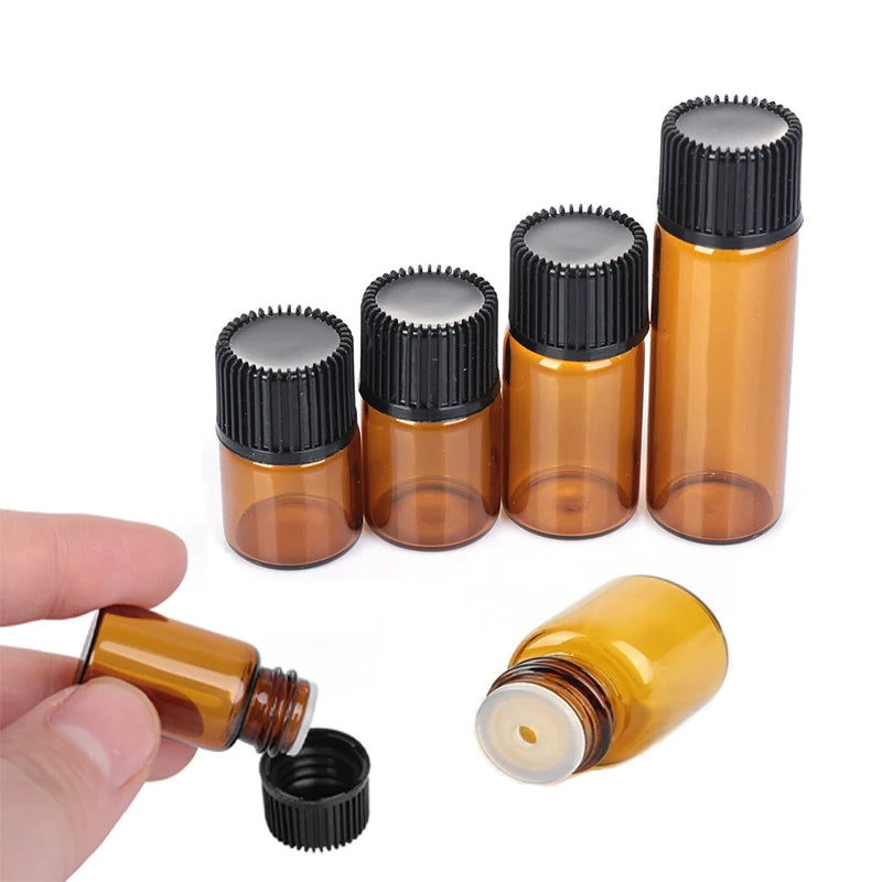 Mini Amber Glass Vials with Drip Dispenser and Lid – Set of 10 (1ml–5ml)