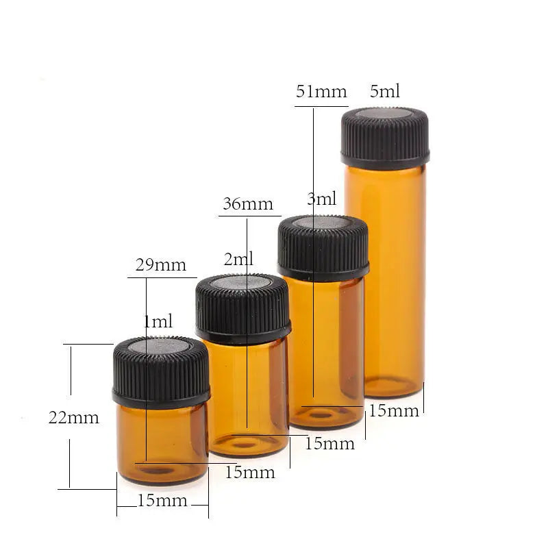 Mini Amber Glass Vials with Drip Dispenser and Lid – Set of 10 (1ml–5ml)