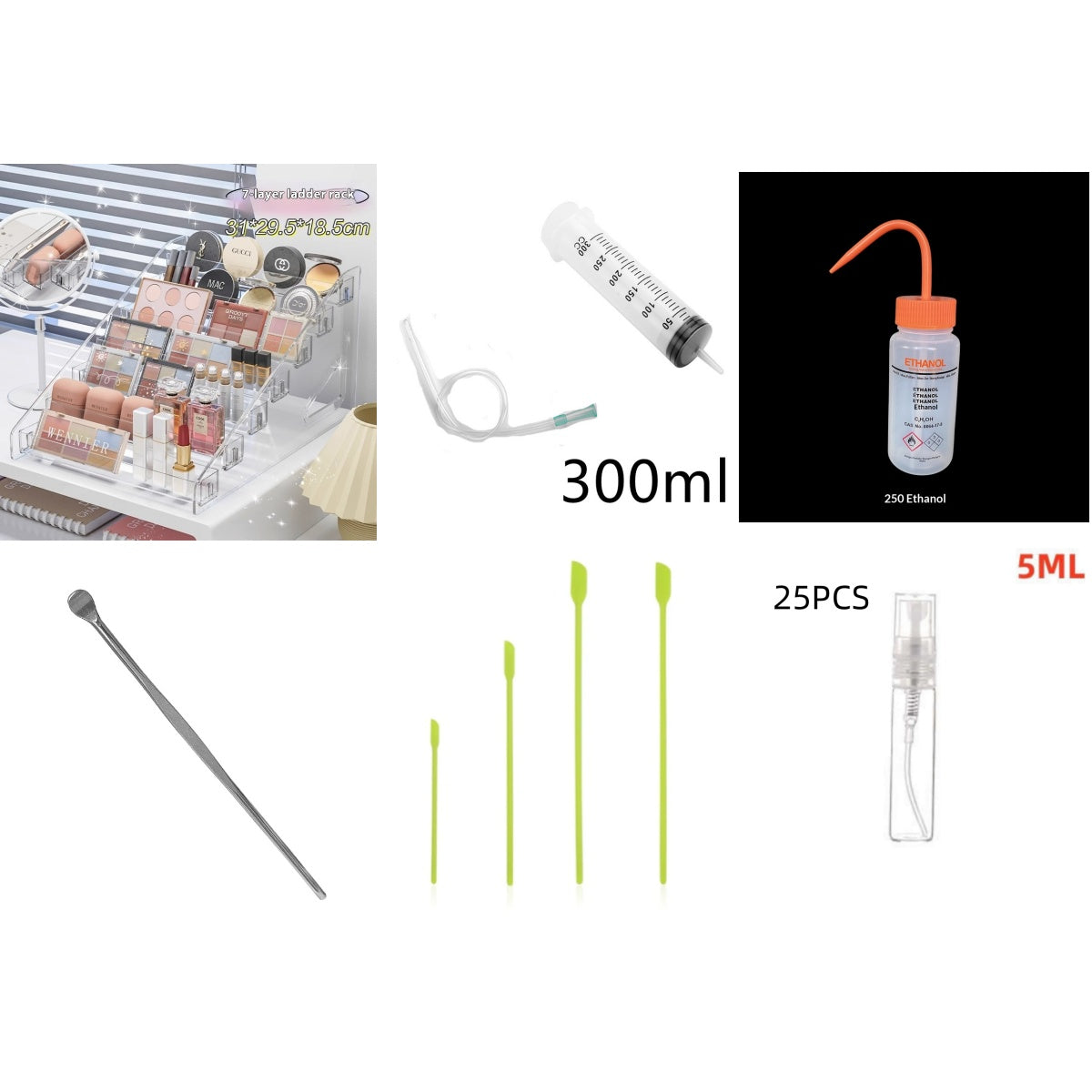 Little Accessories Set acrylic display shelf, ethanol syringe dispenser, stainless steel spoon, silicone spatula, 5ml sample atomiser