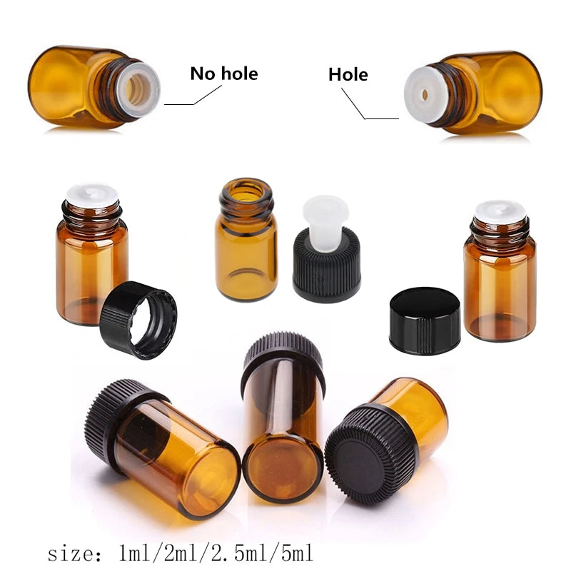 10Pcs Glass Bottle 1ml 2ml 2.5ml 5ml Amber Glass Vials, Mini Essential Oil Bottles with Orifice Reducer & Black Plastic Cap
