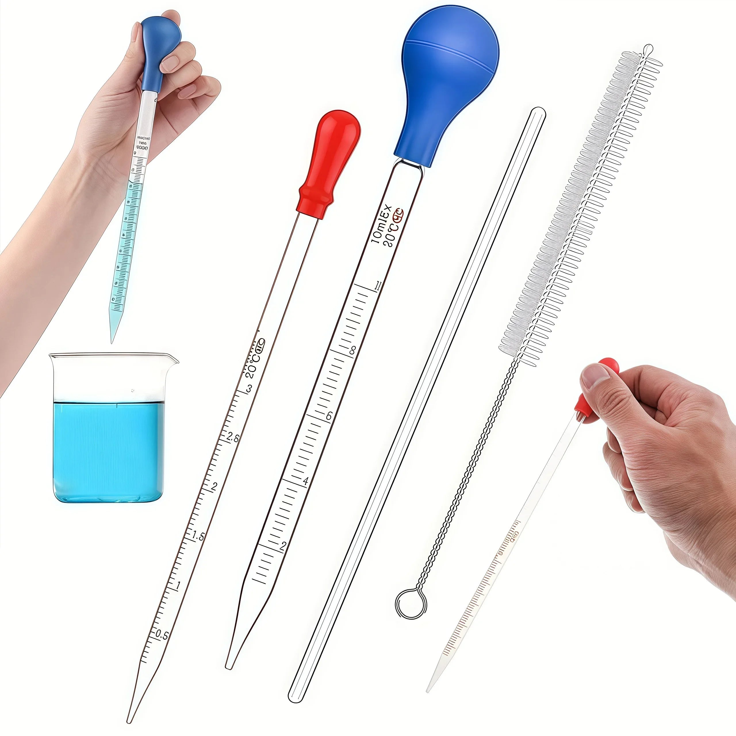 1pc/2pc/3pcs/4pcs/5 PCS Thick Glass Graduated Dropper Pipettes with Stirring Rods, Cleaning Brushes and Rubber Bulbs.