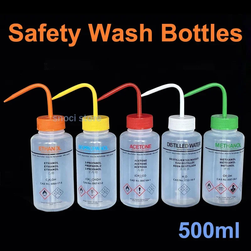Labelled Safety Wash Bottles, 500ml – Set of 6 Solvents